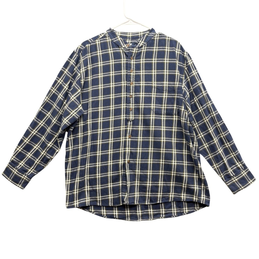 Lee Valley Ireland Mens XL Grandfather Shirt Navy Green Plaid Cotton Flannel